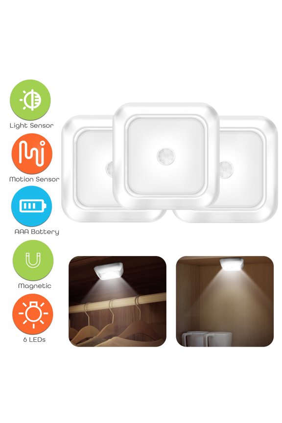 3Pcs LED Battery Powered Square Motion Sensor Closet Stair Night Light