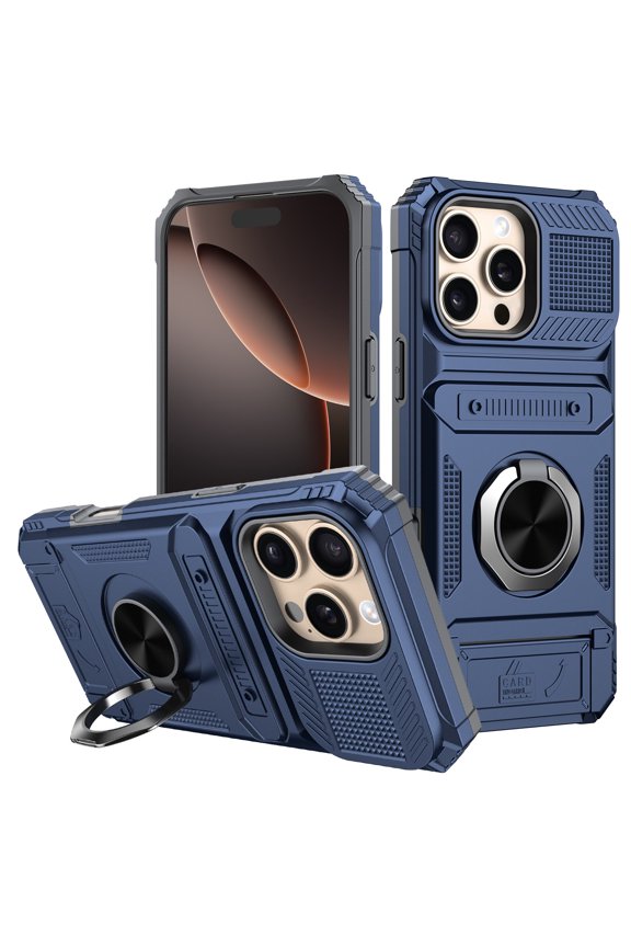 Case for iPhone 16 Pro Max/16 Pro/16 Plus/16 Heavy Duty Rugged Phone Cover with Flip Card Slot and Kickstand, Blue