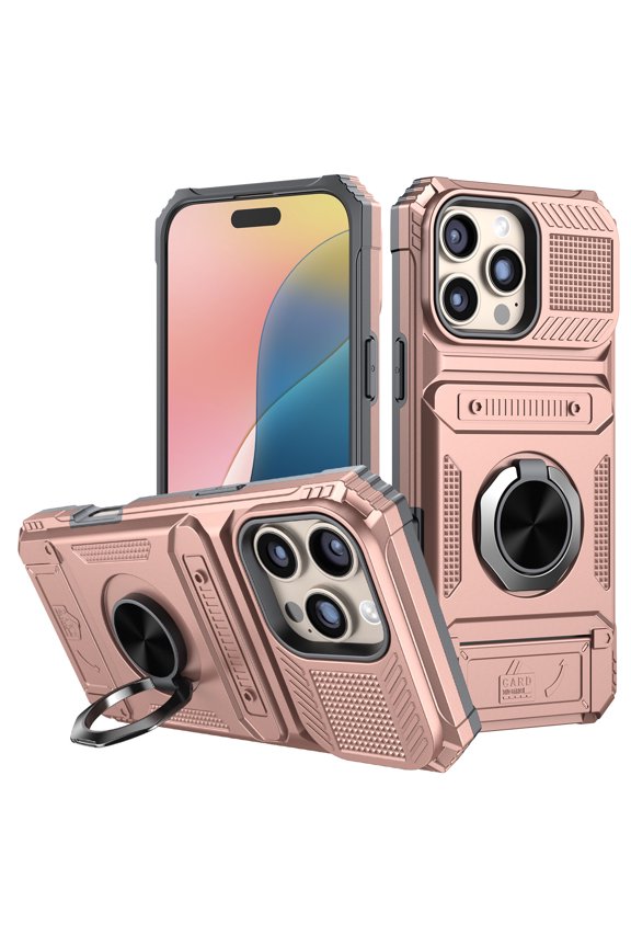 Case for iPhone 16 Pro Max/16 Pro/16 Plus/16 Heavy Duty Rugged Phone Cover with Flip Card Slot and Kickstand, Pink