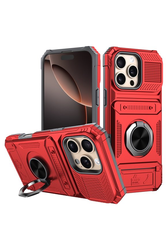 Case for iPhone 16 Pro Max/16 Pro/16 Plus/16 Heavy Duty Rugged Phone Cover with Flip Card Slot and Kickstand, Red