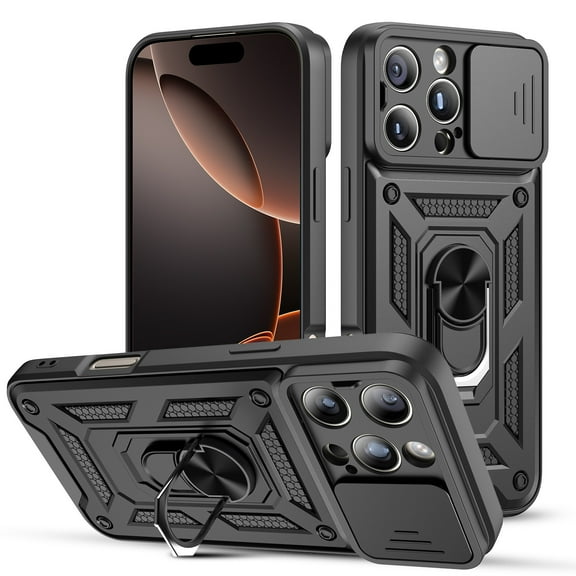 Liwarace Case with Ring Stand and Slide Camera Lens for iPhone 16 Pro Max/16 Pro/16 Plus/16, Black