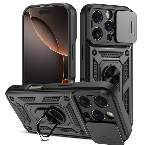 Liwarace Case with Ring Stand and Slide Camera Lens for iPhone 16 Pro Max/16 Pro/16 Plus/16, Black