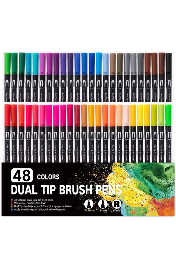 Dual Tip Brush Markers Colouring Pens Brush Pens Brush Fineliners Pens Art Marker Pastel Colored Fine Point 0.4 for Drawing, Sketching, Painting, Calligraphy, Comic, Set of 48