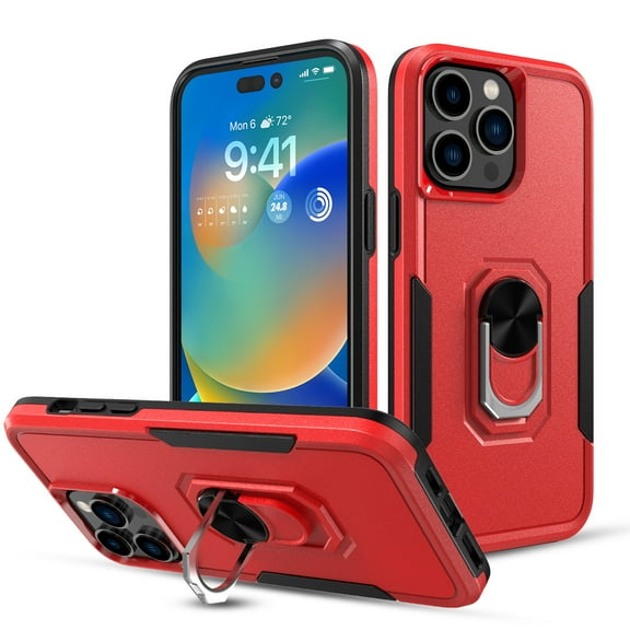 Liwarace Heavy-Duty Shockproof Rugged Ring Bracket Phone Case for iPhone 14 Plus,Red