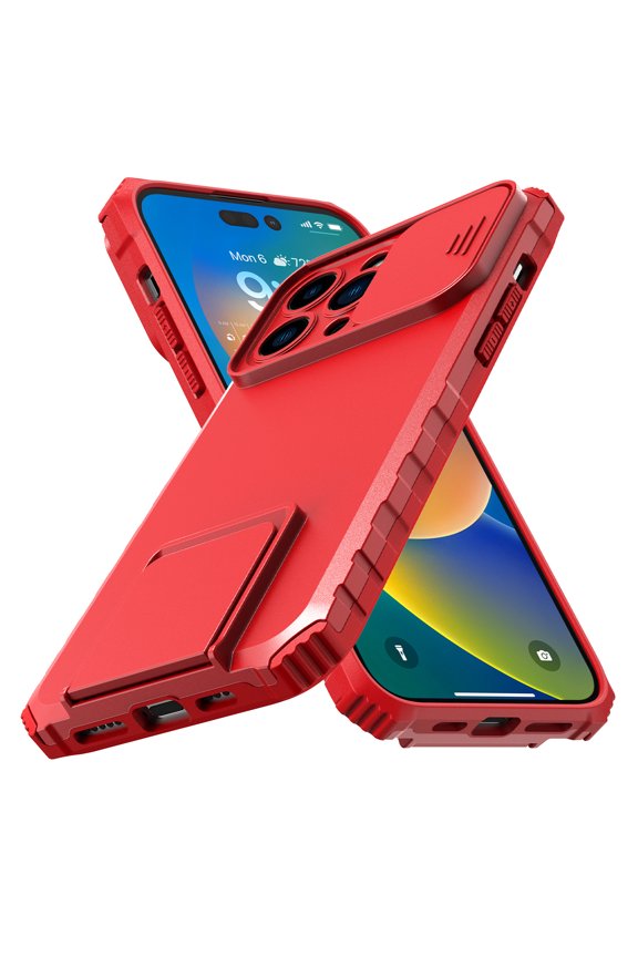 Shockproof Durable Slide Lens Cover Phone Case with Kickstand Stand for iPhone 14,Red