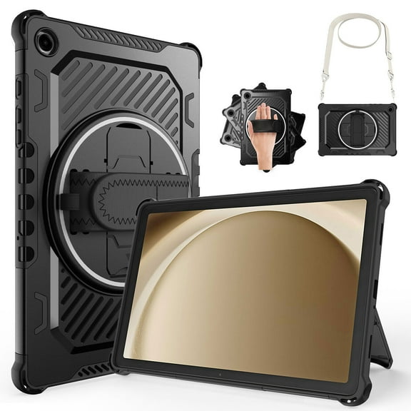 Liwarace for Samsung Galaxy Tab A9+ Tablet Case Shockproof Cover Stand w/Shoulder Strap, Black