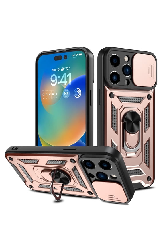 for iPhone 14 Pro Max/14 Pro/14 Plus/14 Sliding Lens Cover Protective Case with Ring Stand