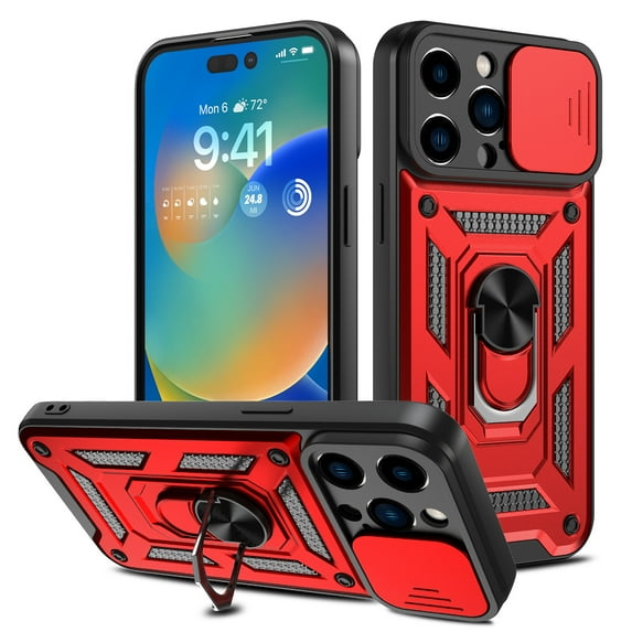 Liwarace for iPhone 14 Pro Max/14 Pro/14 Plus/14 Sliding Lens Cover Protective Case with Ring Stand