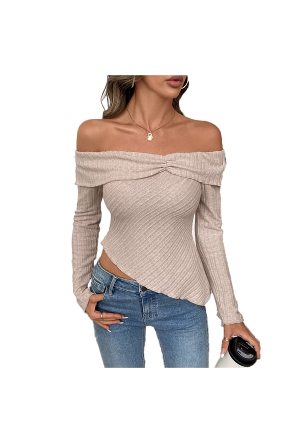 Bardot Neck Knit Blouses For Womens Slim Fitted Stretch Ribbed Hem Off The Shoulder Tops Casual Trendy Lounge Vocation Shirts Khaki L