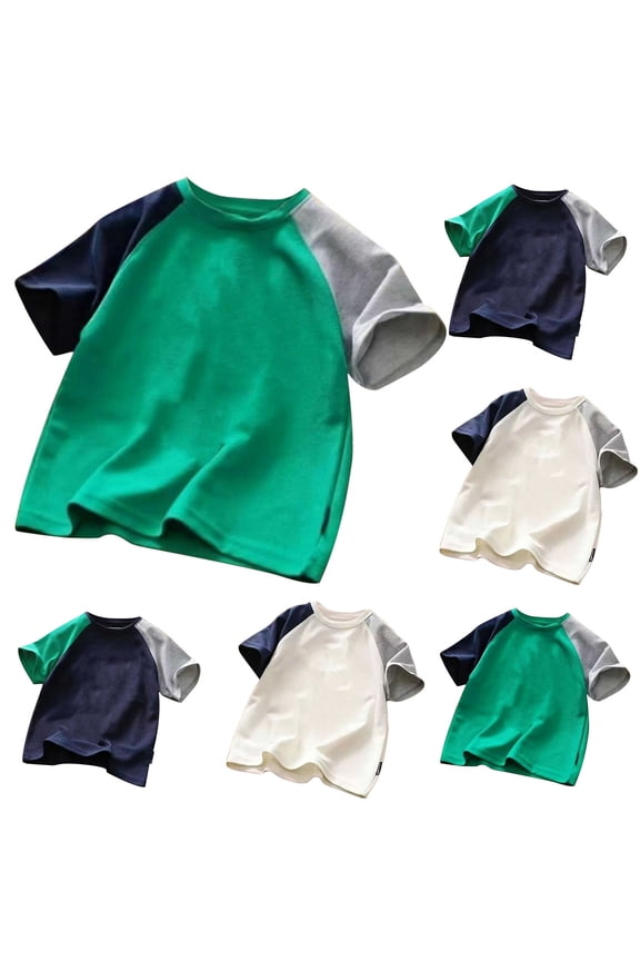 Boy's And Girl's Color Block Tees Reglan Sleeve Crewneck Baggy Shirts Summer Casual Trendy Tops Dark Blue 5 Years