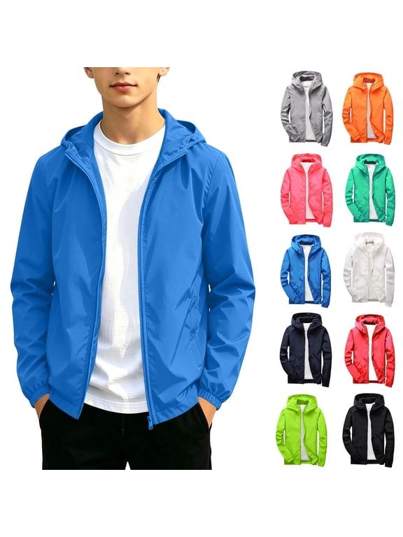 Boy's And Girl's Zip Up Hooded Jackets Windbreaker Elastic Cuff Solid Color Long Sleeve Outerwear Relaxed Fiy Casual Coat White 200