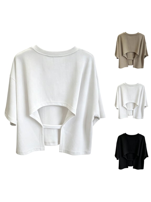 Crew Neck Tees For Womens Short Sleeve Cropped Loose Fit Tops Streetwear Summer Casual Layering Tees White L