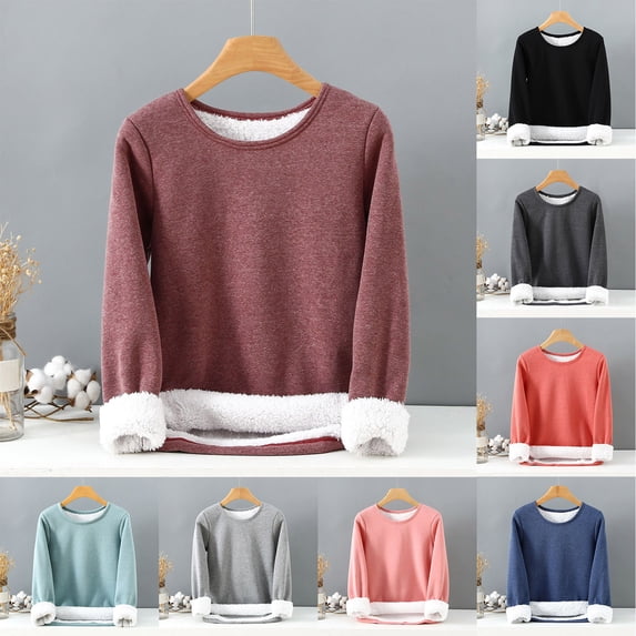 Liweisiy Fleece Lined Long Sleeve Shirts For Womens Solid Basic Round Neck Soft Sweatshirts Winter Layering Sleep Tops Dark Gray XL