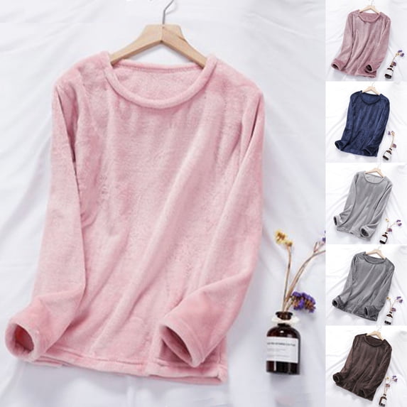 Liweisiy Fleece Pajama Shirts For Womens Long Sleeve Crewneck Warm Loose Fit Shirts Casual Thermal Layering Night Sleepwear Watermelon Red L