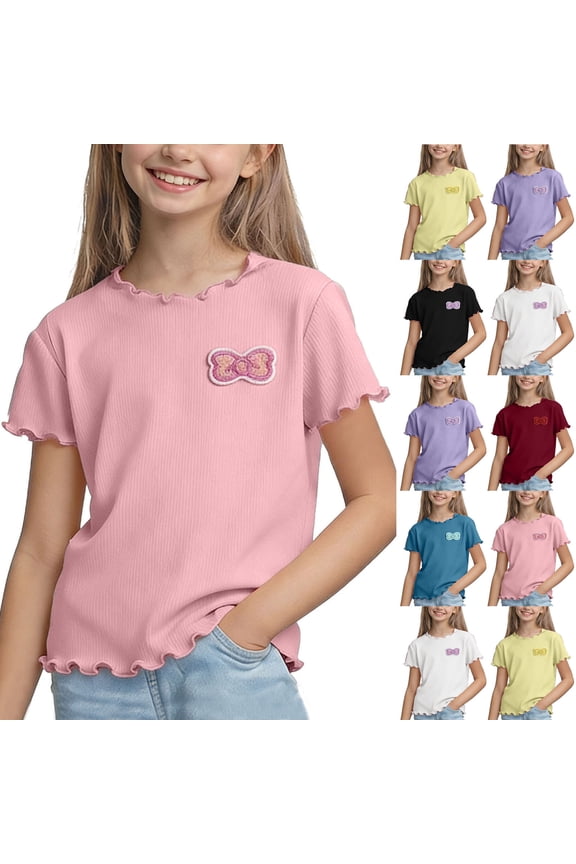 Girl's Lettuce Hem T Shirts Crewneck Short Sleeve Ribbed Knit Blouse With Bow Graphic Summer Cute Soft Loose Tops Purple 2 Years