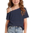 thumbnail image 1 of Liweisiy Girls Color Block Striped Tee Tops One Shoulder Short Sleeve Baggy Soft Shirts Summer Casual Bassic Shirts Dark Blue 9 Years, 1 of 9