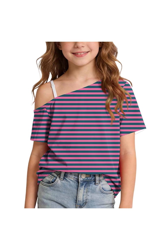 Girls Color Block Striped Tee Tops One Shoulder Short Sleeve Baggy Soft Shirts Summer Casual Bassic Shirts Purple 11 Years