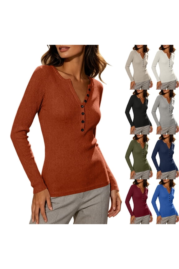 Henley Long Sleeve Tops For Womens Ribbed Knit Notch V Neck Layering Blouses Slim Fit Casual Shirts Khaki L