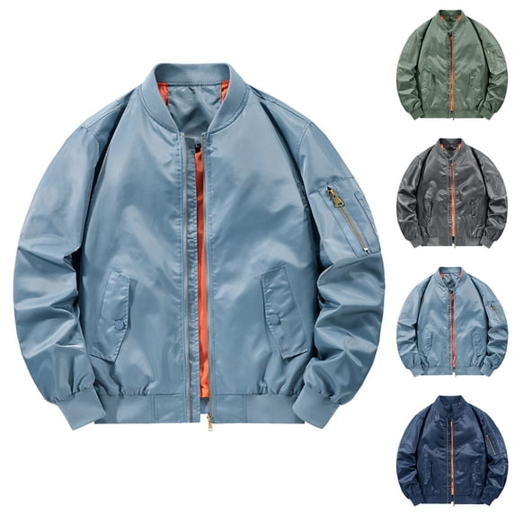 Liweisiy Men's Bomber Jacket Zip Up Windbreaker Oversized Lined Color Block Coat Causal Outdoor Winter Outwear With Pockets Light Blue 5XL