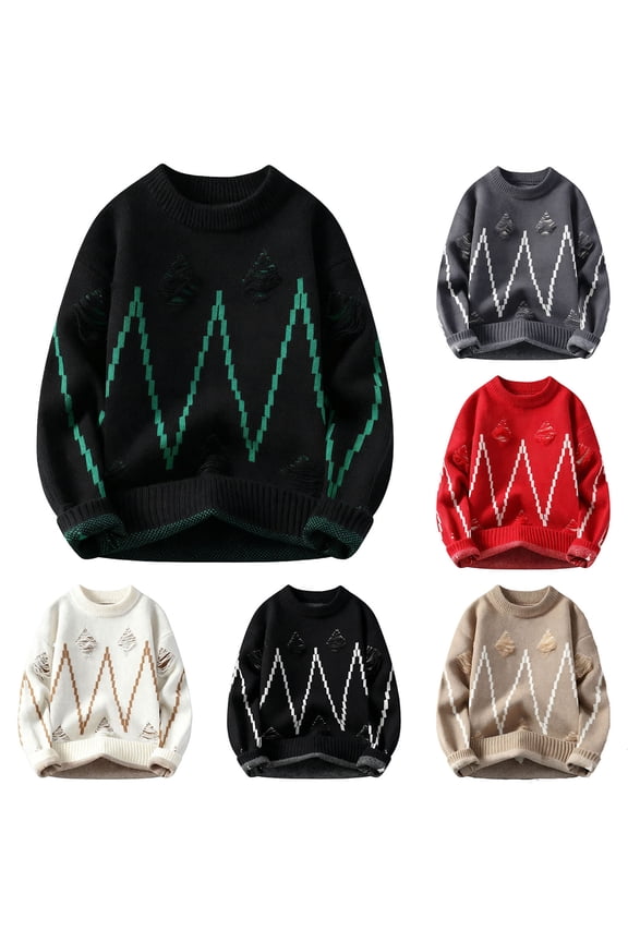 Men's Graphic Sweater Shirts Long Sleeve Crewneck Ripped Printed Shirts Soft Knit Casual Layer Shirts Red S