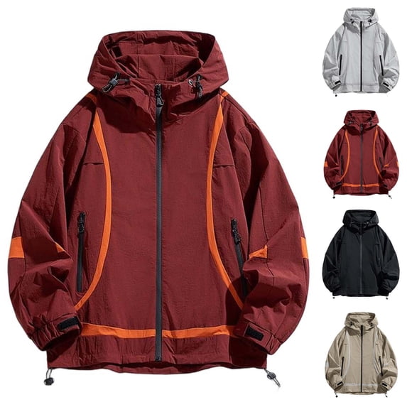 Liweisiy Men's Hooded Windbreaker Jackets Full Zip Drawstring Hem Zip Up Caot With Pockets Outdoor Hiking Loose Lightweight Jacket Khaki 2XL