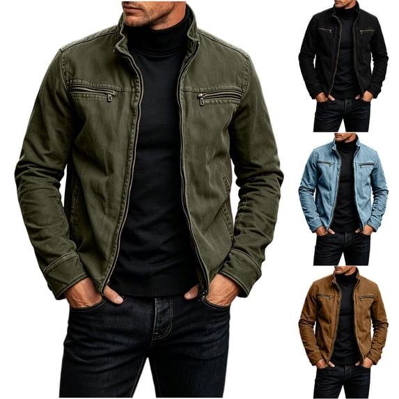 Liweisiy Men's Stand Collar Full Zip Jacket Casual Multi Zipper Chest Pockets Elastic Cuff Coat Vintage Outerwear Coat Brown M