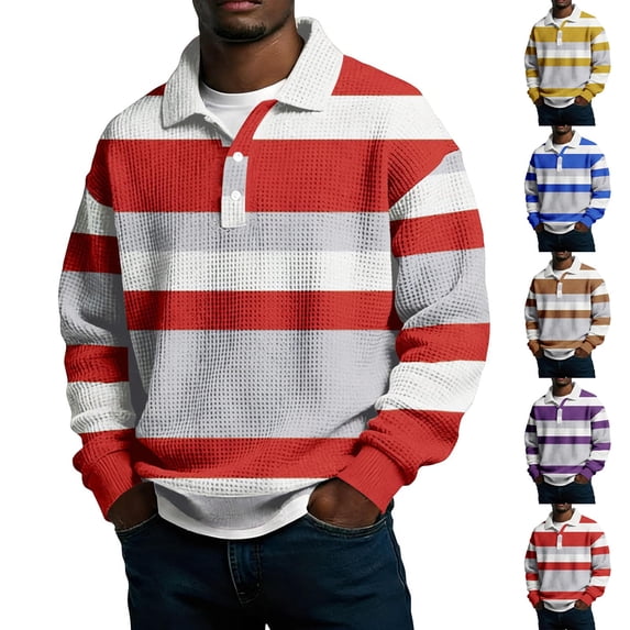 Liweisiy Men's Waffle Knit Shirts Color Block Long Sleeve Lapel Collar Loose Fit Button Tops Lounge Printed Baggy Shirts Red 3XL