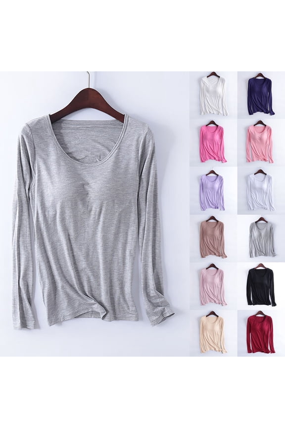 Modal Pajam Shirts With Build-In Bra For Womens Long Sleeve Layering Crewneck Relaxed Fit Shirts Layering Lightweight Sleepwear Black 3XL