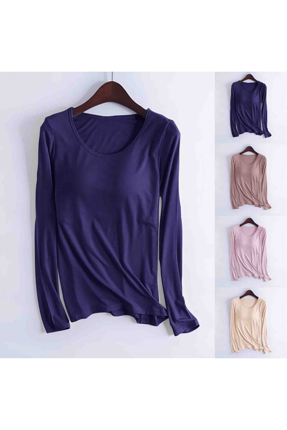 Modal Pajama Tops For Womens Long Sleeve Solid Color Crewneck Shirts With Build-In Bra Casual Baggy Sleepwear Pink 2XL