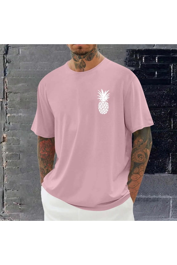 Pineapple Printed T-Shirts For Mens Baggy Relaxed-Fit Casual Crew Neck Soft Outdoors Vacation Shirts Pink Xxl