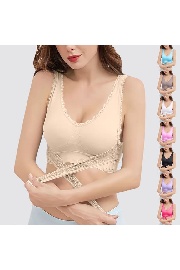 Posture Corrector Bra For Womens Lace V Neck Cross Front Wireless Full Coverage Bra Support Shapewear Bralette Gray L