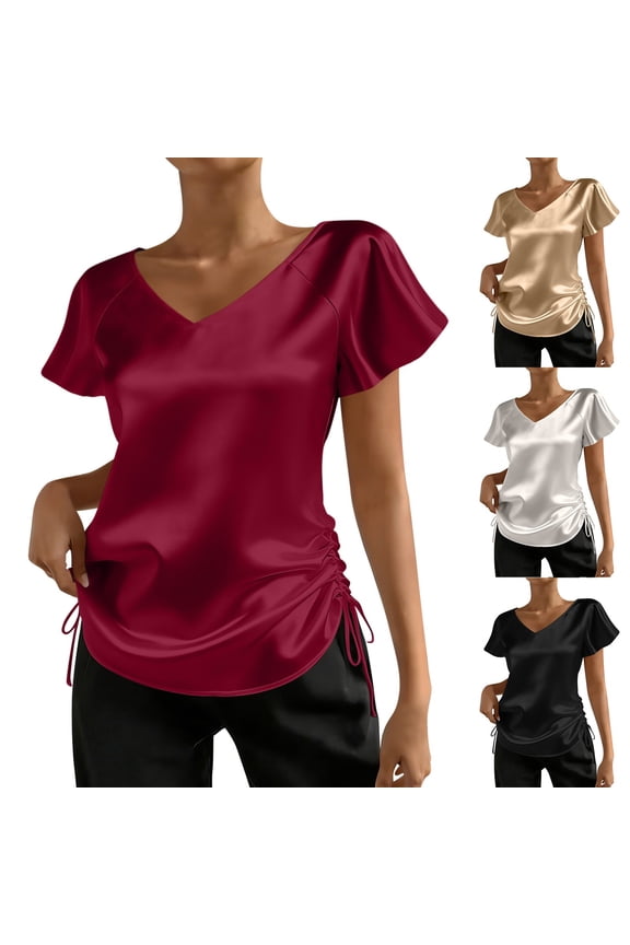 V Neck Blouses For Womens Satin Silk Cap Sleeve Side Ruched Slim Shirts Layering Casual Tops Wine XL