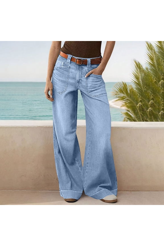 Women'S Casual Loose Wide-Leg Straight-Leg Cropped Jeans Sky Blue Xl