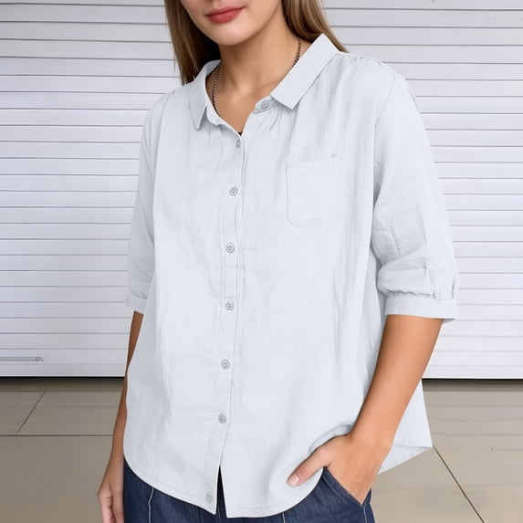 Liweisiy Women's Loose Solid Color Lapel Blouse Half Sleeve Button Down Shirts With Pockets Summer Casual Work Tops White M
