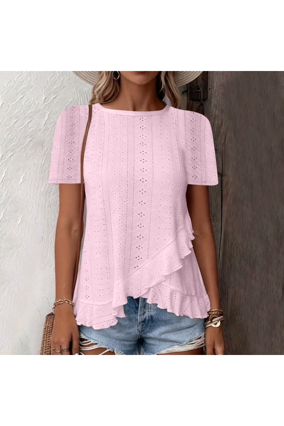 Women's Ruffled Cross Hem Eyelet Lace Shirts Round Neck Short Sleeve Cottagecore Tops For Summer Vocation Pink M