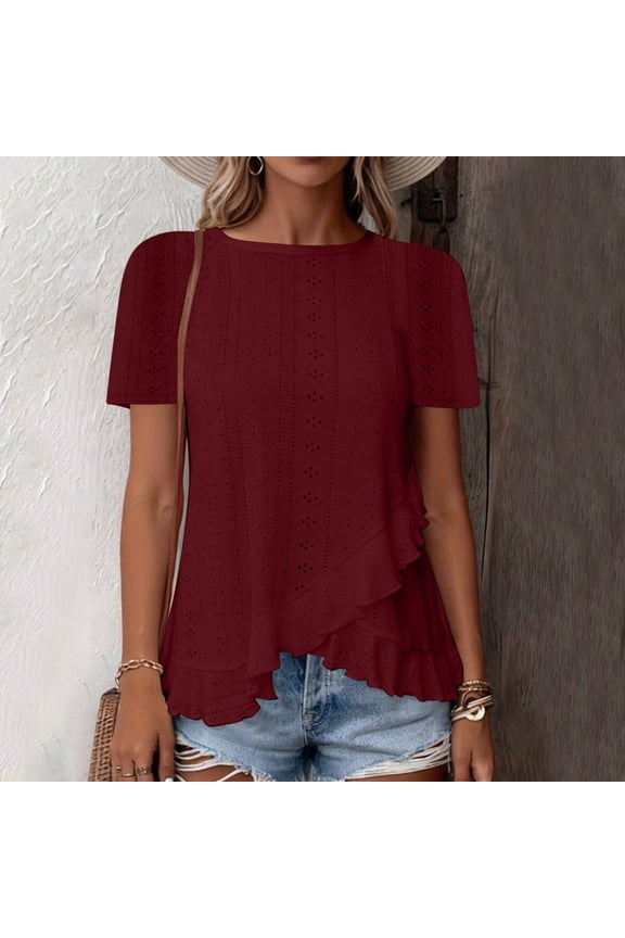 Women's Ruffled Cross Hem Eyelet Lace Shirts Round Neck Short Sleeve Cottagecore Tops For Summer Vocation Wine Xxl