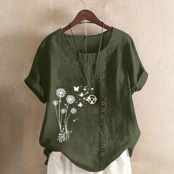 Liweisiy Women's Vintage Wildflower Printed Linen T-Shirts Floral Graphic Casual Cute Tees Tops With Buttons Summer Crewneck Rolled Cuffs Loose Short Sleeves Shirts Army Green L
