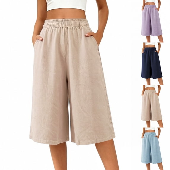 Liweisiy Women'S Wide Leg Shorts Knee Length Elastic High Waist Wrinkle Shorts Summer Loose Fit Casual Flowy Pants With Pockets Khaki L