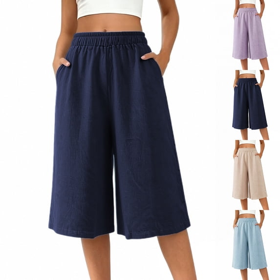 Liweisiy Women'S Wide Leg Shorts Knee Length Elastic High Waist Wrinkle Shorts Summer Loose Fit Casual Flowy Pants With Pockets Navy M