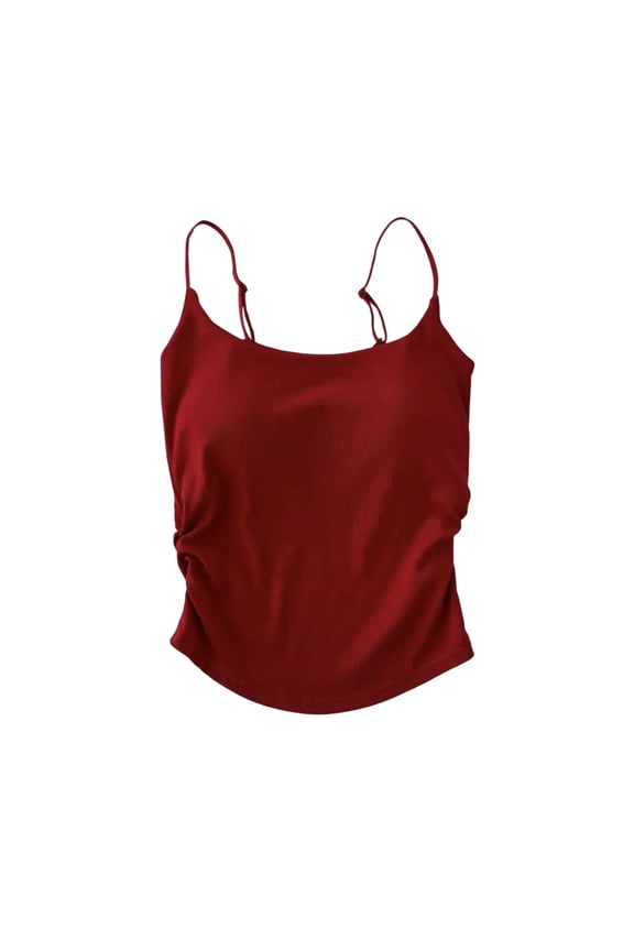 Women's Build-In Bra Camisole Spaghetti Strap Slim Tunic Sleeveless Tops Summer Soild Color Casual Underwear Red 1Pc