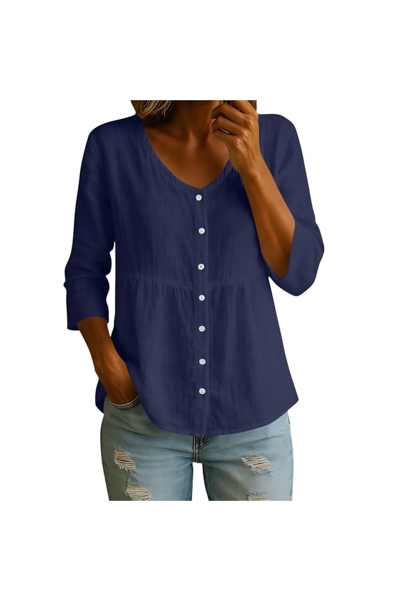Women's Cotton Linen 3/37 Sleeve Blouse V Neck Button Down Peplum Tunic Shirt Summer Casual Loose Lightweight Tops Navy M