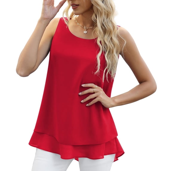 Liweisiy Women's Double Layering Ruffled Hems Tank Tops Soild Color Crew Neck Sleeveless Shirts Summer Flowy Casual Tops Red 5XL