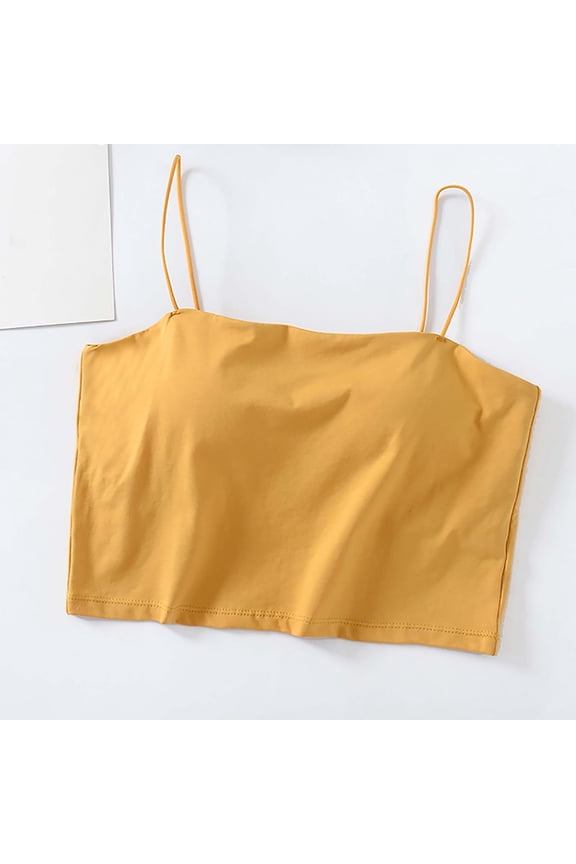 Women's Half Camisole With Build-In Breast Pad Spaghetti Strap Sleeveless Soft Breathable Half Blouse Summer Casual Athletic Underwear Yellow L