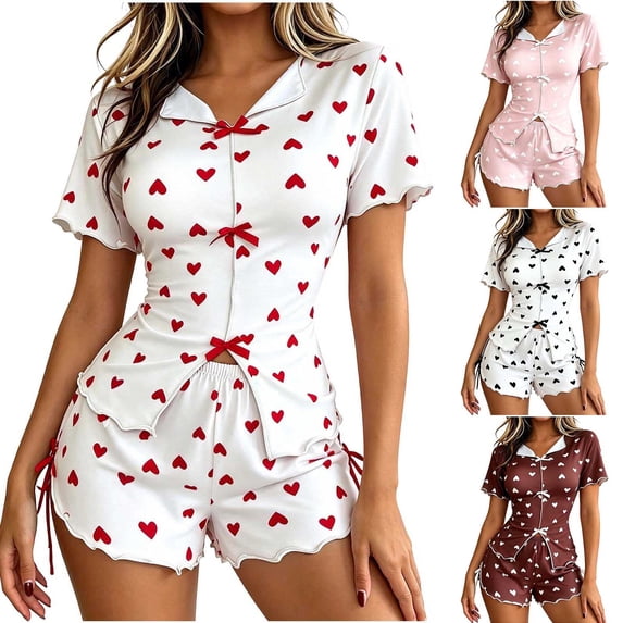 Liweisiy Women's Heart Print 2 Piece Pajama Sets Lapel Split Front Tops Elastic Waist Bow Shorts Graphic Trendy Sleepwear Pink S