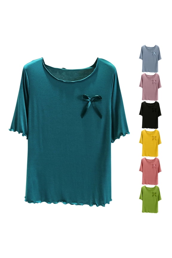Women's Lettuce Hem Pajama Tops Crewneck Stretchy Short Sleeve Solid Color Shirts With Bow Decor Soft Lightwieght Night Sleep Shirts Purple M