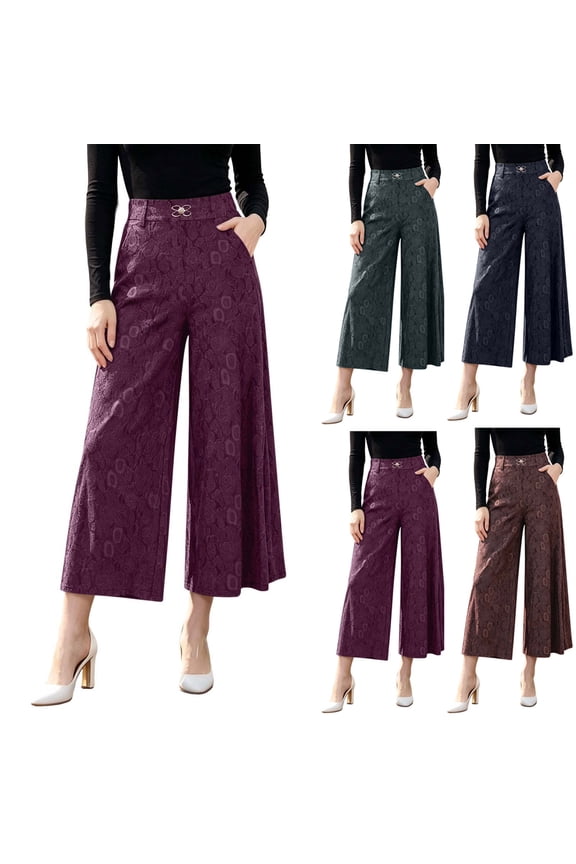 Women's Printed Wide Leg Pants High Waisted Flowy Relaxed Fit Capri Pants Lounge Trendy Classic Trousers Coffee XL