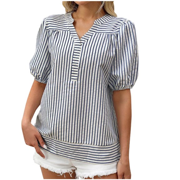 Liweisiy Women's Puff Sleeve Stripe Henley Loose Fit Short Sleeve Cute Trendy Shirts Summer Tunic Casual Tops Blue M