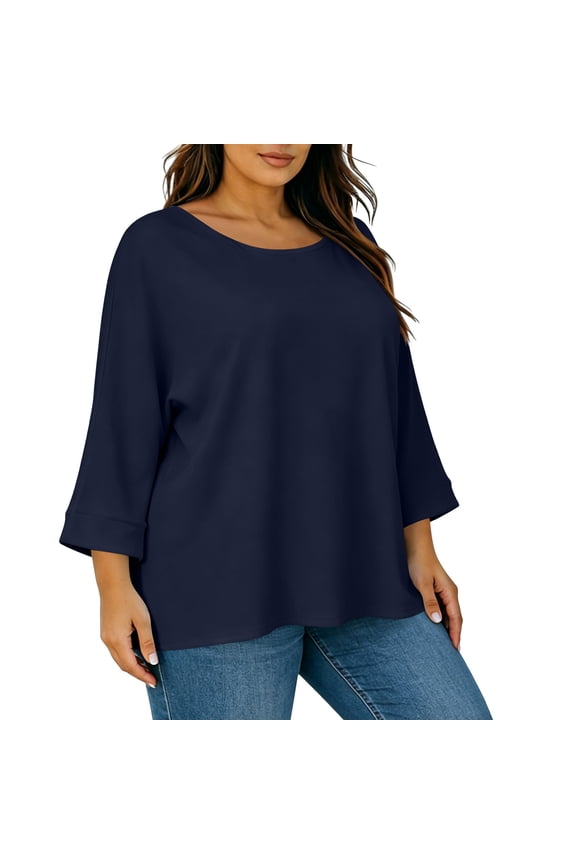 Women's Scoop Neck 3/18 Sleeve Shirts Oversize Loose Fit Casual Soild Color Tops Summer Plus Daily Leisure Shirts Navy 5XL