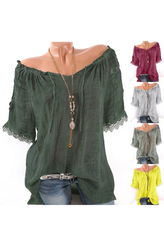 Women's Shoulder Off Shirts Short Sleeve Elastic Neckline Loose Lace Hem Blouse Summer Boho Casual Vocation Tops Navy L