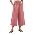thumbnail image 1 of Liweisiy Women's Solid Color Palazzo Linen Capri Pants Elastic Waist Wide Leg Baggy Breathable Pants Summer Casual Daily Pants With Pockets Watermelon Red XL, 1 of 4
